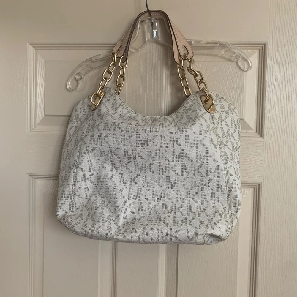 Michael Kors Beige Logo Leather Shoulder Handbag